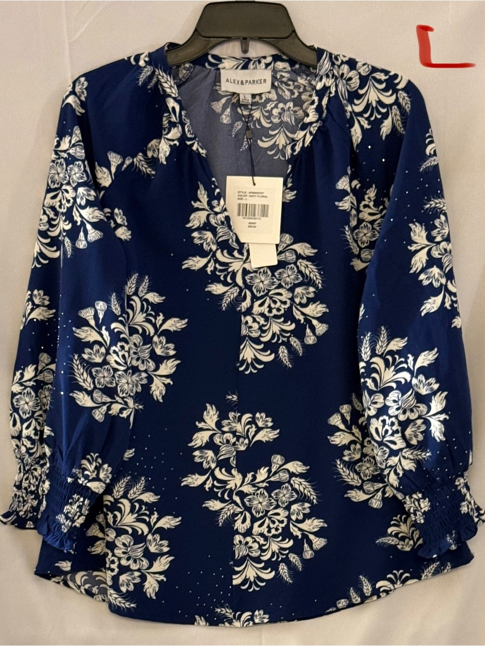 Alex & Parker Navy White Floral V-Neck Long Sleeve Blouse